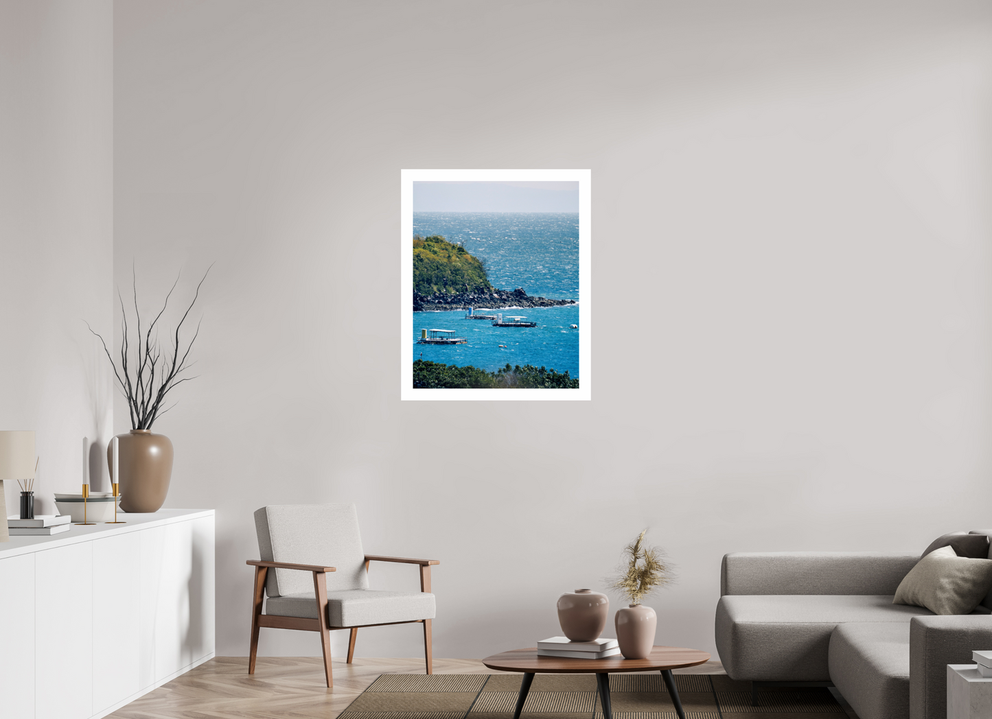 70 x 87,5 cm, Unframed Photo Print On Fuji Crystal DP II 5cm white border Boats at shore