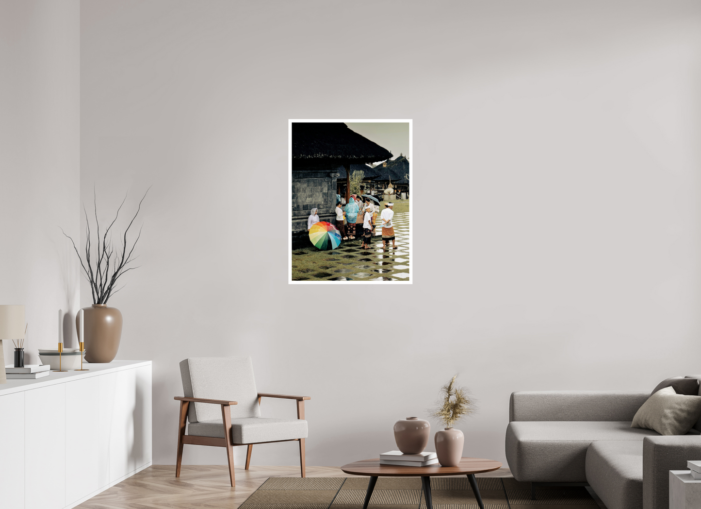 70 x 94,3 cm, Unframed Photo Print On Fuji Crystal DP II 2cm white border Standing out the rain at ceremony