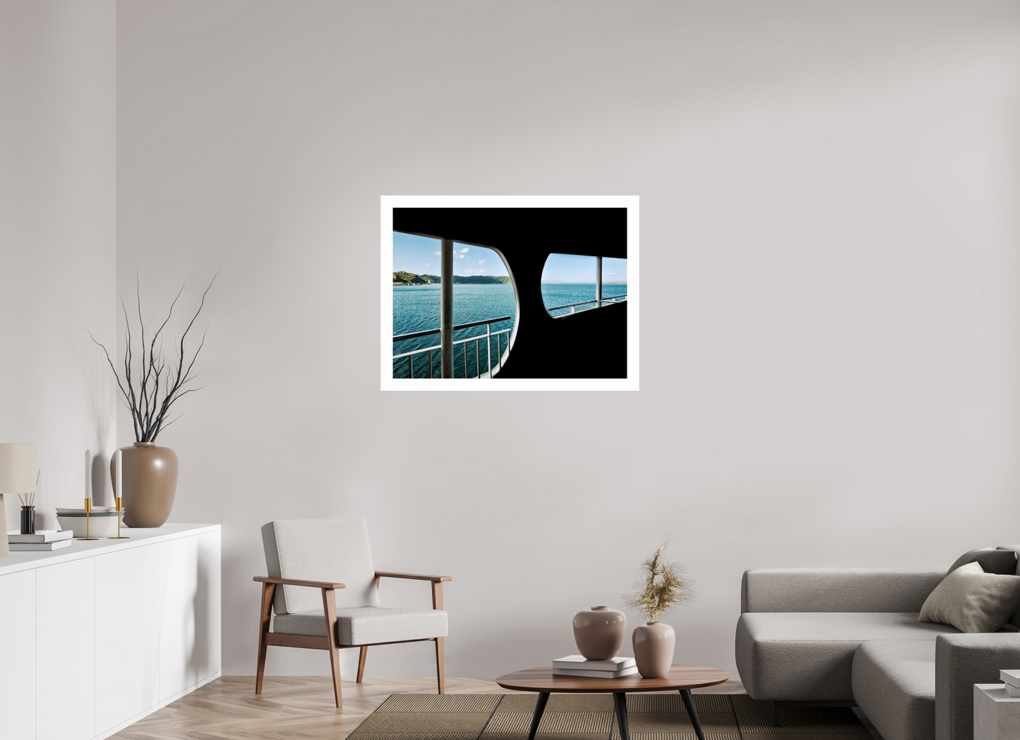96 x 70 cm, Unframed Photo Print On Fuji Crystal DP II 5cm white border A ferry view - two window perspective