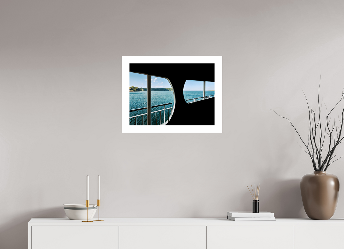 54,9 x 40 cm, Unframed Photo Print On Fuji Crystal DP II 5cm white border A ferry view - two window perspective