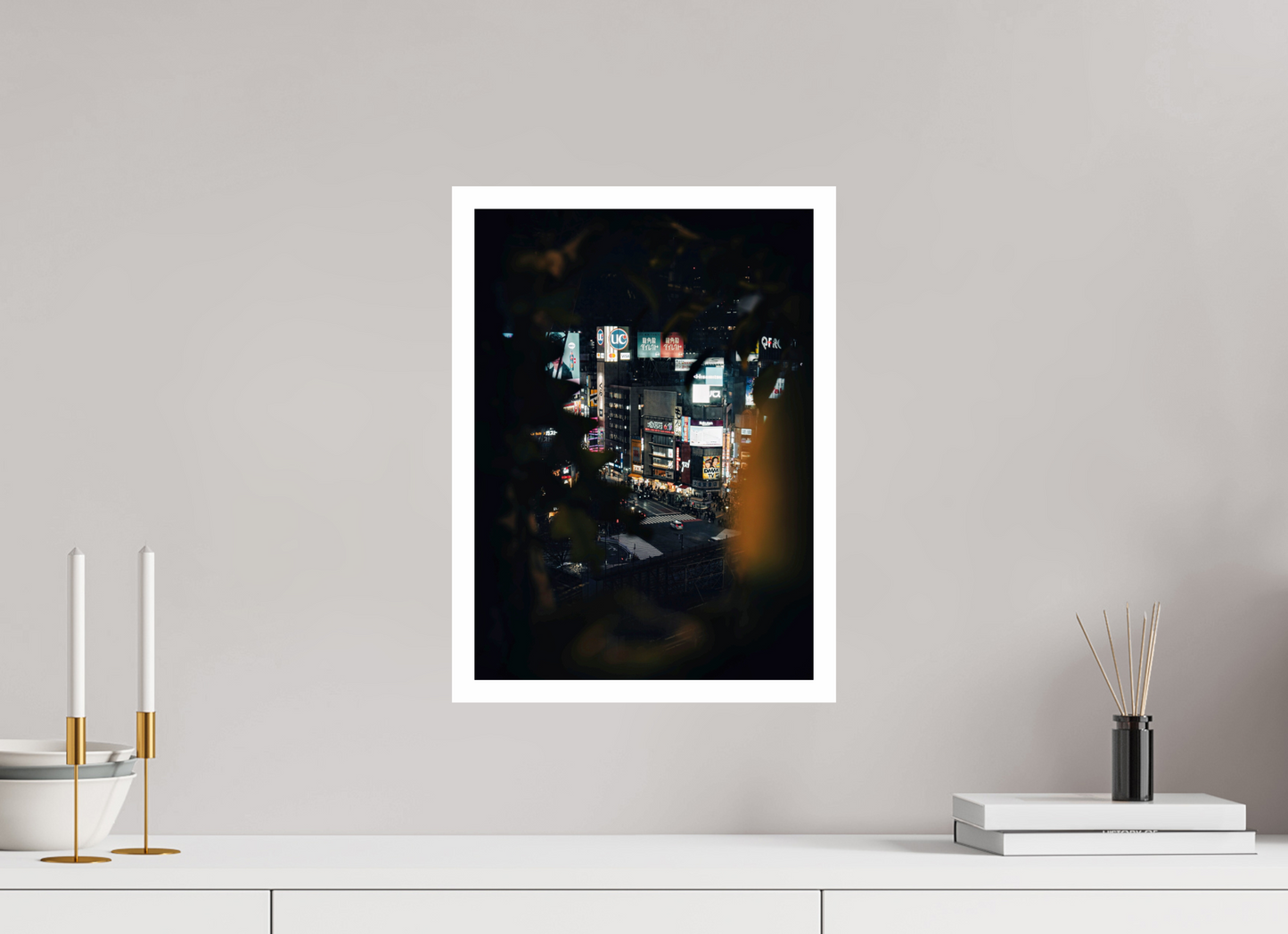 30 x 41,7 cm, Unframed Photo Print On Fuji Crystal DP II 2cm white border Shibuya Crossing through the palm