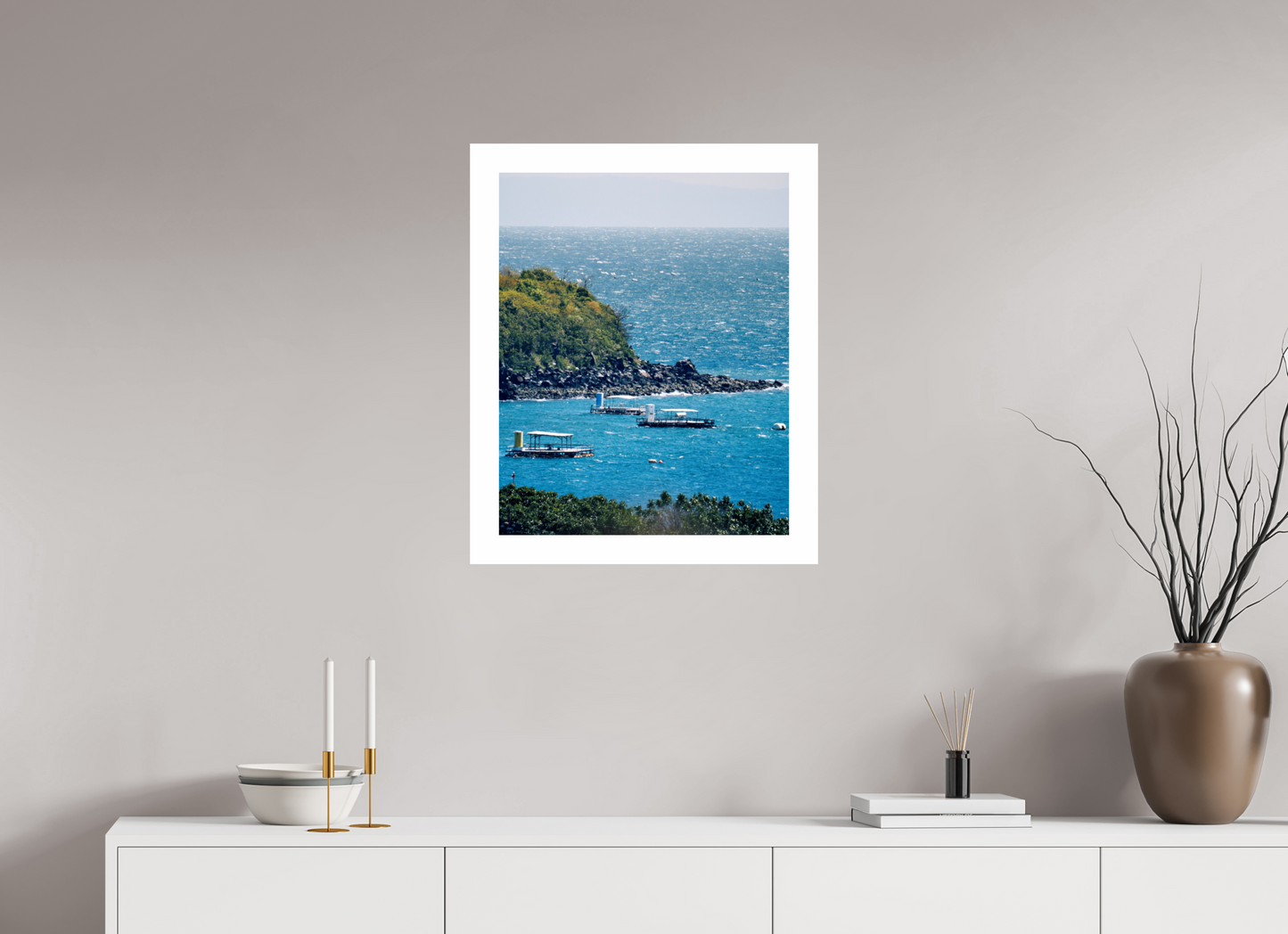 50 x 62,5 cm, Unframed Photo Print On Fuji Crystal DP II 5cm white border Boats at shore