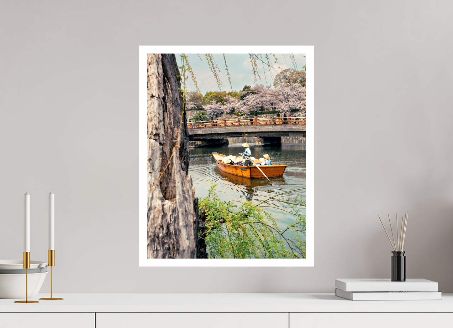 40 x 51,7 cm, Unframed Photo Print On Fuji Crystal DP II 2cm white border A boat on Himeji river