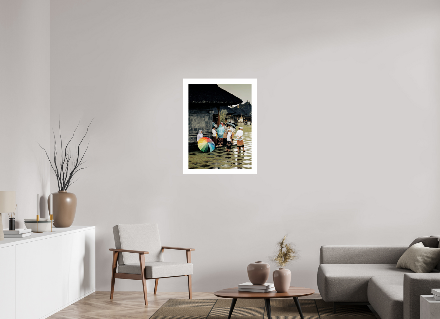 60 x 80,9 cm, Unframed Photo Print On Fuji Crystal DP II 5cm white border Standing out the rain at ceremony