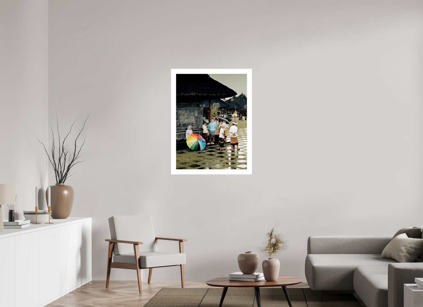 70 x 94,3 cm, Unframed Photo Print On Fuji Crystal DP II 5cm white border Standing out the rain at ceremony