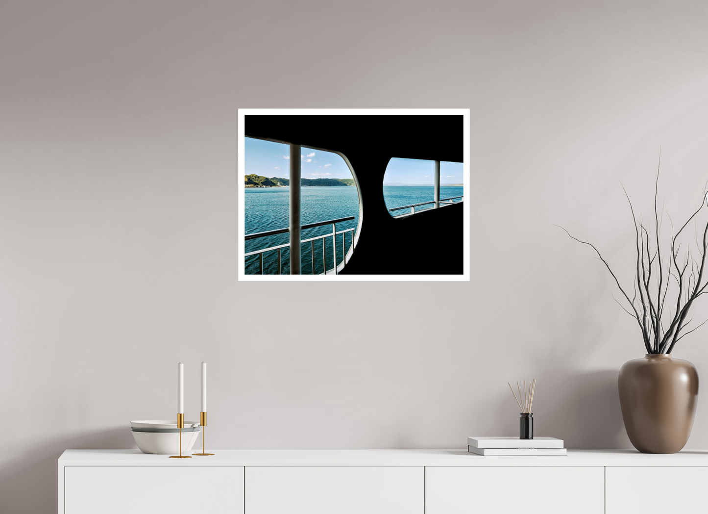 68,6 x 50 cm, Unframed Photo Print On Fuji Crystal DP II 2cm white border A ferry view - two window perspective