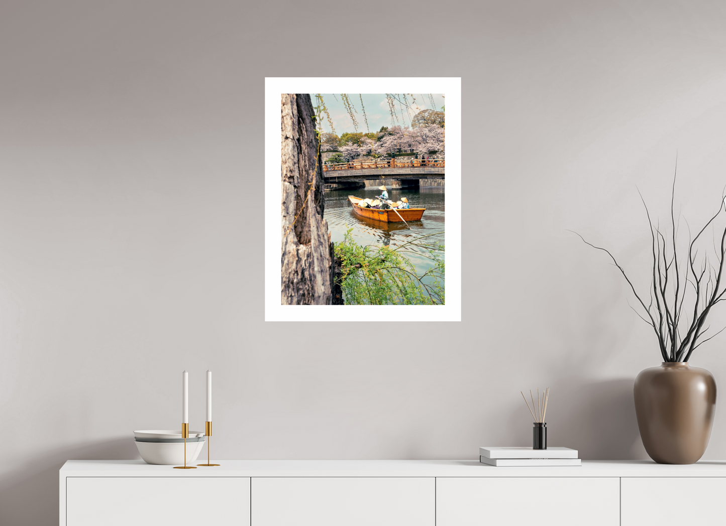 50 x 64,7 cm, Unframed Photo Print On Fuji Crystal DP II 5cm white border A boat on Himeji river