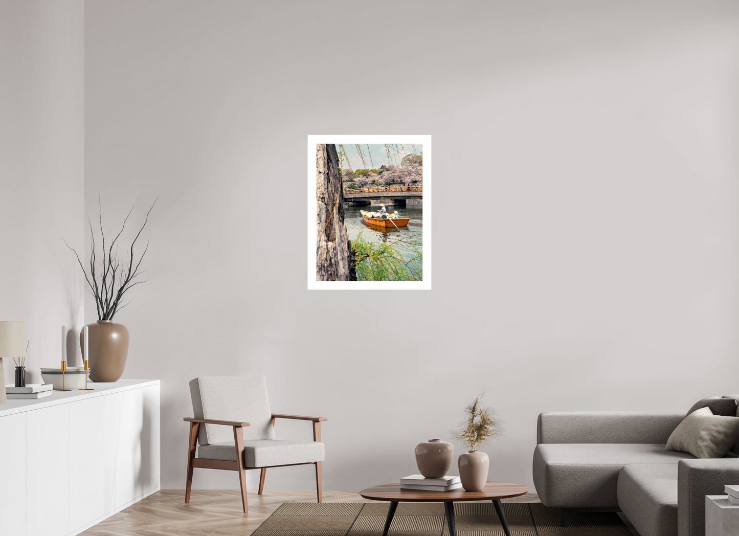 60 x 77,6 cm, Unframed Photo Print On Fuji Crystal DP II 5cm white border A boat on Himeji river