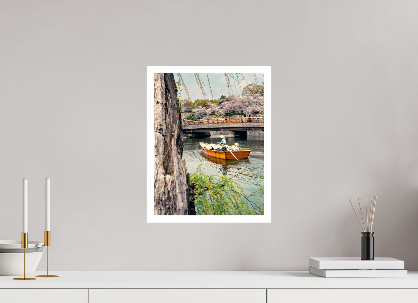 30 x 38,8 cm, Unframed Photo Print On Fuji Crystal DP II 2cm white border A boat on Himeji river