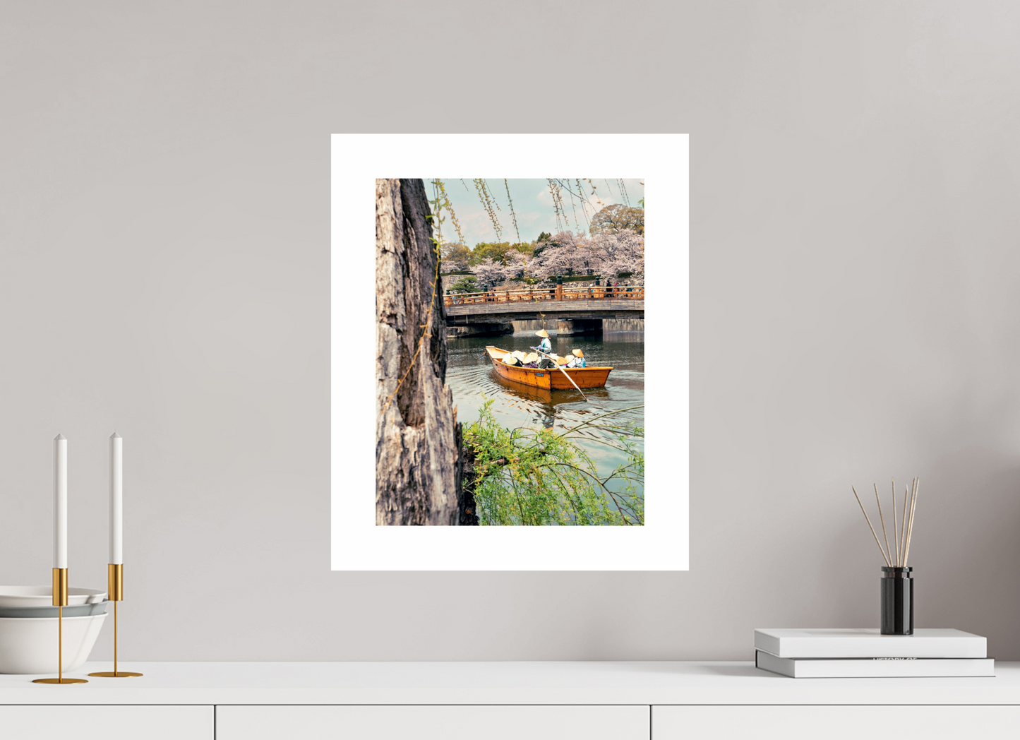 30 x 38,8 cm, Unframed Photo Print On Fuji Crystal DP II 5cm white border A boat on Himeji river